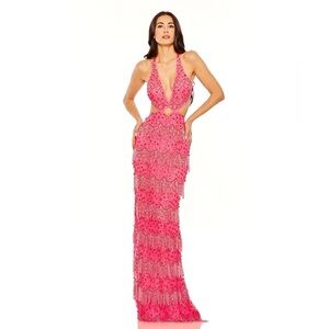 Mac Duggal Open Back Cut Out Fringe Embellished Gown Style # 93956 size 4 NWT